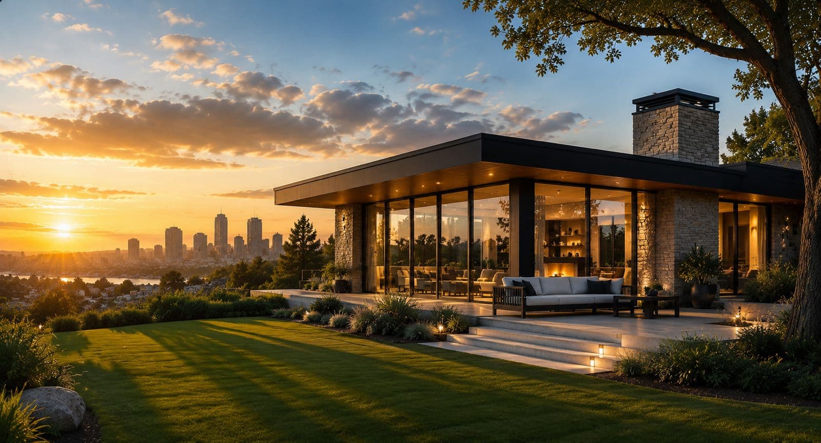 Modern luxury home with glass walls overlooking a city skyline at sunset